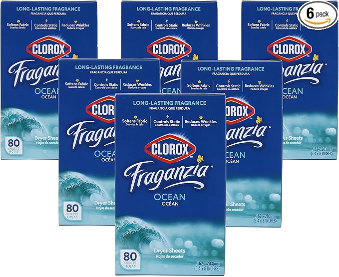 Clorox Fraganzia Fabric Softener Dryer Sheets, Wrinkle Reducing and Anti Static Laundry Dryer Sheets for Great Smelling Clothes, Softens Fabrics, Fresh Ocean Scent, 80 Count - 6 Pack