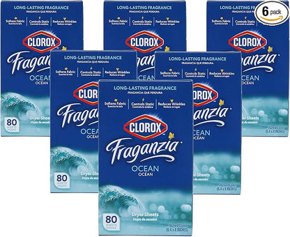 Clorox Fraganzia Fabric Softener Dryer Sheets, Wrinkle Reducing and Anti Static Laundry Dryer Sheets for Great Smelling Clothes, Softens Fabrics, Fresh Ocean Scent, 80 Count - 6 Pack