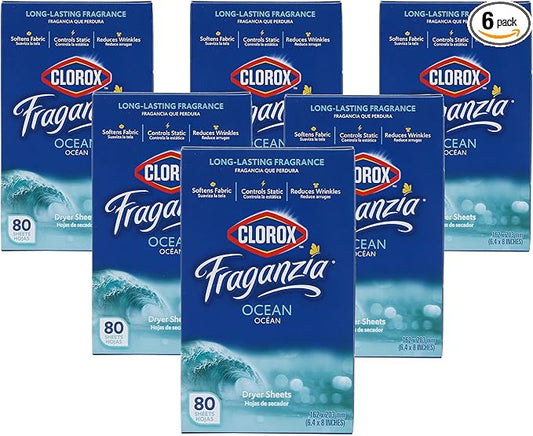 Clorox Fraganzia Fabric Softener Dryer Sheets, Wrinkle Reducing and Anti Static Laundry Dryer Sheets for Great Smelling Clothes, Softens Fabrics, Fresh Ocean Scent, 80 Count - 6 Pack