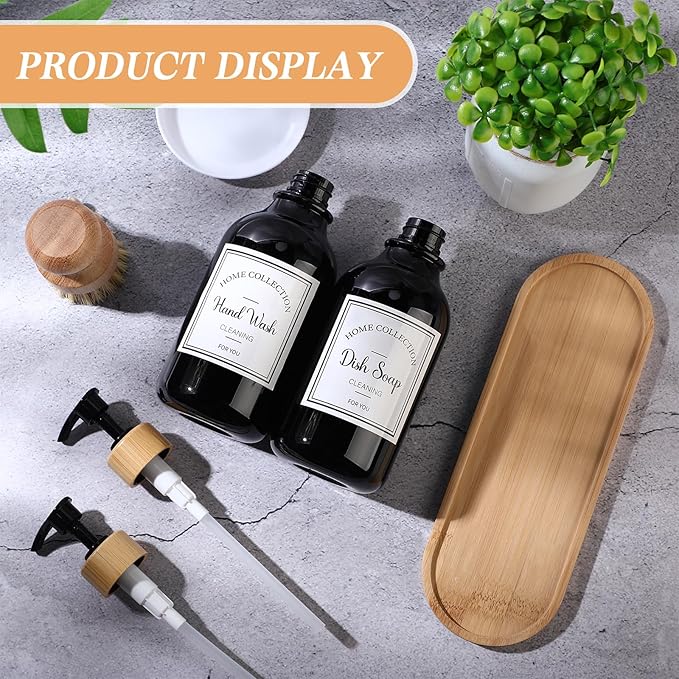 Zopeal 4 Pcs 16 oz Kitchen Soap Dispenser Set with Bamboo Tray and Dish Brush Plastic Soap Dispenser Set with Waterproof Labels for Hand Dish Lotion(Black)