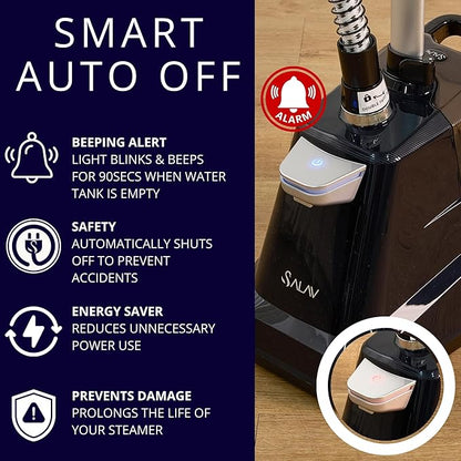 SALAV® Heavy Duty Smart Auto Shut-off Commercial Full-Size Garment Steamer, Beeping Alert when Water Runs out, Foot Pedal Control, XL 3L (101.5 oz) Tank, 1800 watts, 90+min of Continuous Steam, Navy