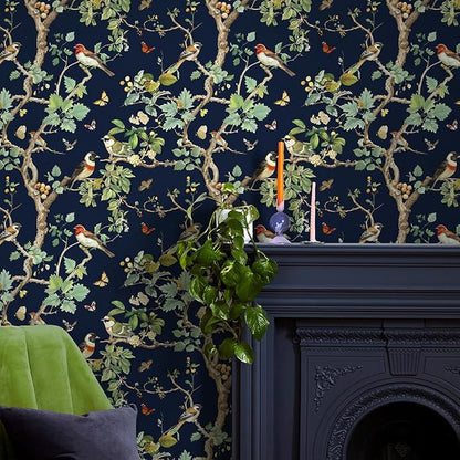 Nukofal Dark Bird Peel and Stick Wallpaper Vintage Floral Contact Paper 16.9inch x 196.8inch Dark Floral Wallpaper Peel and Stick Boho Self Adhesive Removable Wall Paper for Cabinets Bathroom Decor
