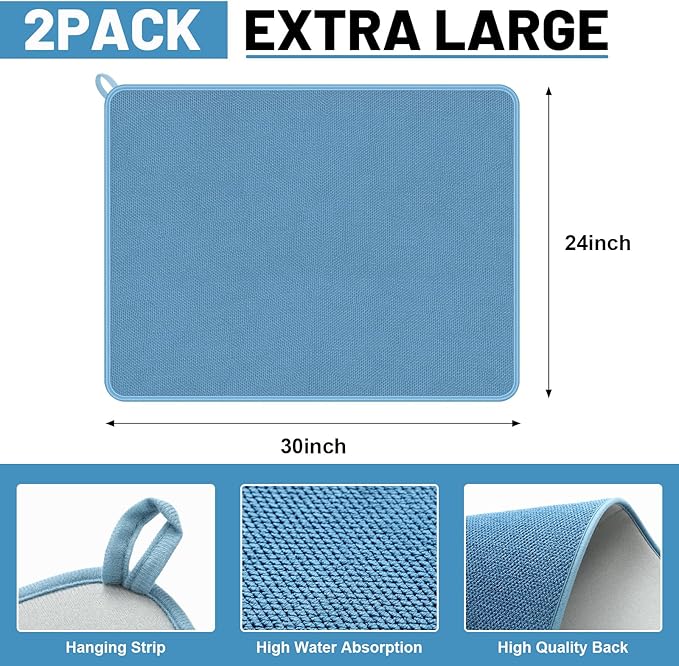 Hushee 2 Pack Extra Large Dish Drying Mat Microfiber Absorbent Dish Drying Pad Large Size Dishes Drainer Mats for Countertop, Sink, Refrigerator or Dryer (30 x 24 Inch,Blue, Gray)