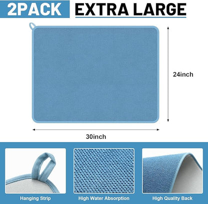 Hushee 2 Pack Extra Large Dish Drying Mat Microfiber Absorbent Dish Drying Pad Large Size Dishes Drainer Mats for Countertop, Sink, Refrigerator or Dryer (30 x 24 Inch,Blue, Gray)
