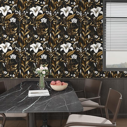 Laatse Black White Floral Wallpaper Peel and Stick, Dark Gold Vintage Contact Paper 17.5" x 393", Golden Botanical Wall Paper Self Adhesive Removable Waterproof for Bedroom Cabinet Drawer Table Decor