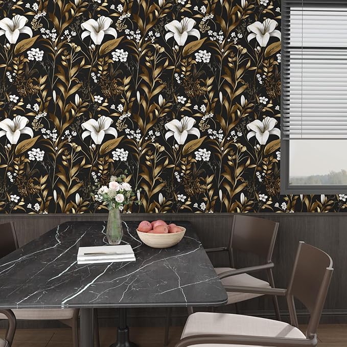 Laatse White Floral Wallpaper Peel and Stick, Black Gold Vintage Contact Paper, Dark Golden Botanical Wall Paper Self Adhesive Removable Waterproof for Bedroom Cabinet Drawer Table Decor 17.5" x 118"