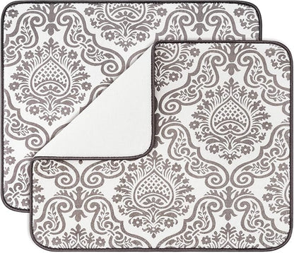 Subekyu Dish Drying Mats for Kitchen, Ultra Absorbent Microfiber Drying Mat, Dishes Drainer Pads 2 Pack, 19 by 15 Inch (Floral Vine)