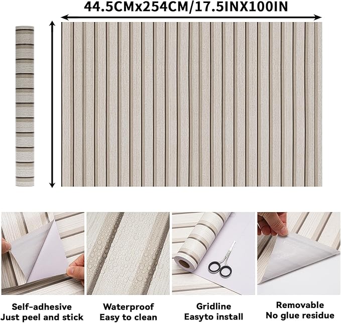 Wood Slat Wallpaper Peel and Stick Dead Wood Color 17.5x100 Inch Flat Finish Self Adhesive Wall Covering Wabi Sabi Japanese Inspired Minimalist Bedroom Decor