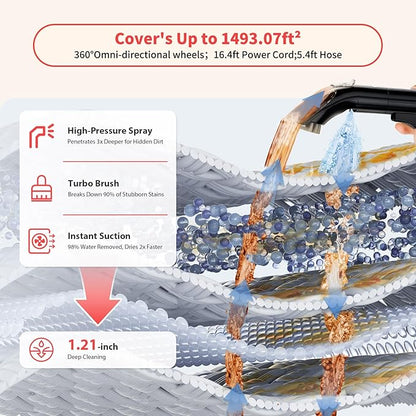 Upholstery Carpet Cleaner, MUJERBAY UltraHeat 12Kpa Portable Spot and Stain, Easy Move with Universal Wheels & Handle, 1.18-inch Deep Cleaning Machine for Couch, Stairs, Car and Pet Messes.