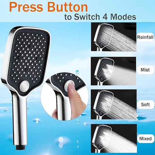 High Pressure 4-Mode Shower Head with Handheld, Detachable Showerhead Combo with 59" Hose & No-drill Holder, Anti-clog Nozzles for Hard Water, Powerful Spray for Pets & Daily Use, Chrome