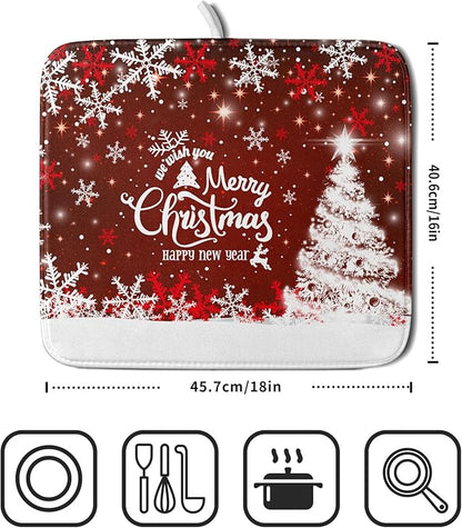 Happy New Year Red Dish Drying Mat for Kitchen Counter,Merry Christmas Tree Snowflake Drying Mat 16 x 18 Inch with High Absorbent Reversible Microfiber Dish Drying Pad Drainer Mat for Coffee Bar