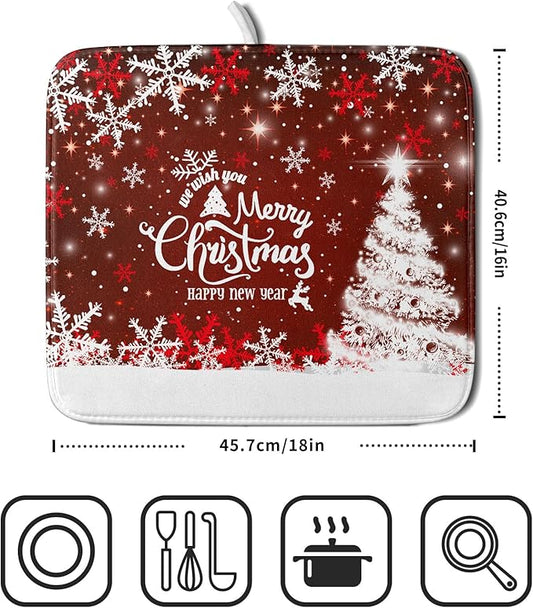 Happy New Year Red Dish Drying Mat for Kitchen Counter,Merry Christmas Tree Snowflake Drying Mat 16 x 18 Inch with High Absorbent Reversible Microfiber Dish Drying Pad Drainer Mat for Coffee Bar