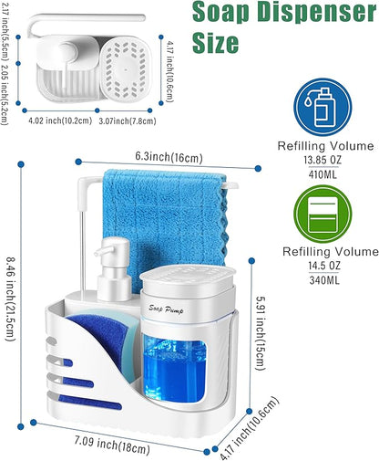 Kitchen Soap Dispenser Set, 4-in-1 Dual Hand and Dish Soap Dispenser with Sponge Holder and Dishcloth Holder for Kitchen Sink (White)