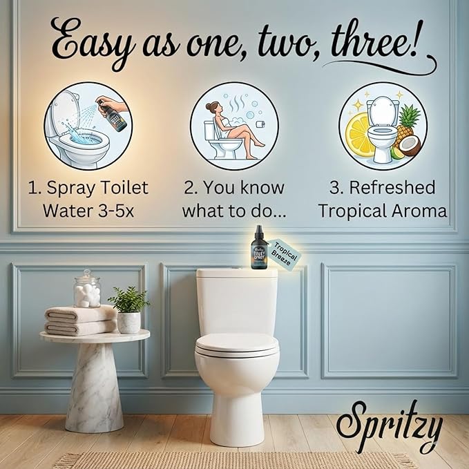 Toilet Spray (4 fl oz) | 600+ Sprays | Bathroom Spray w/Many Scents – Restroom & Bathroom Odor Eliminator – Essentials for a Fresh, Confident Bathroom (Tropical Breeze)