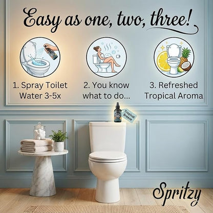 Toilet Spray (4 fl oz) | 600+ Sprays | Bathroom Spray w/Many Scents – Restroom & Bathroom Odor Eliminator – Essentials for a Fresh, Confident Bathroom (Tropical Breeze)