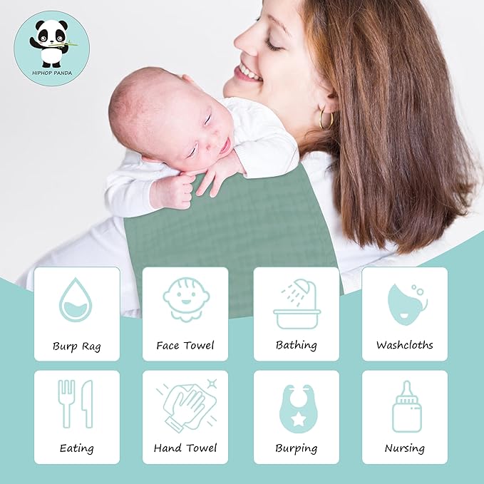 HIPHOP PANDA 10 Pack 6-Layers Muslin Burp Cloths Large - Durable 100% Cotton - Baby Essentials Extra Absorbent and Soft Boys & Girls Rags for Newborn Registry (Green, 20" X10")