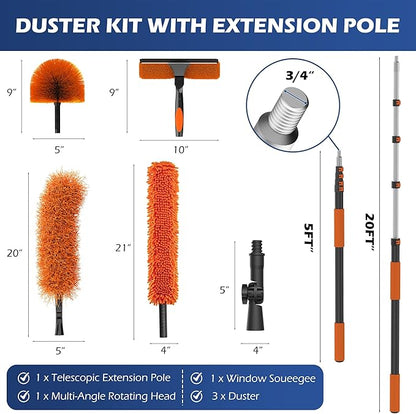 26FT High Reach Duster Kits with 5-20FT Extension Pole, Cobweb Duster with Telescoping Pole, Washable Ceiling Fan Cleaner & Window Squeegee for Glass Surfaces & High Roof