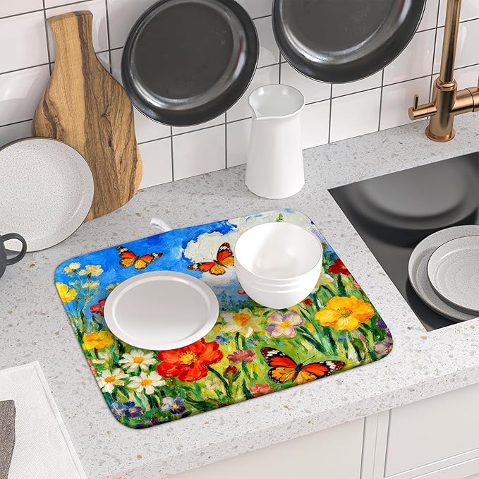Floral Dish Drying Mat for Kitchen Counter 16x18 Spring Summer Theme Colorful Flower Butterfly Seasonal Absorbent Reversible Microfiber Drying Mats Kitchen Countertop Protector Dishes Drainer Pad