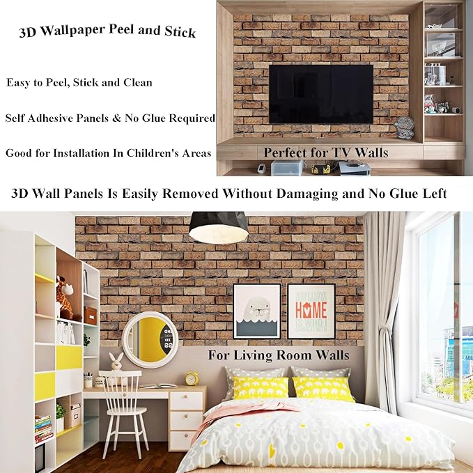 3D Wall Panels Peel and Stick,10 Pack 3D Brick Wallpaper Peel and Stick,Waterproof Wall Panel PVC Stone for Interior Décor,Living Room,Lobby Bedroom Hotel Office