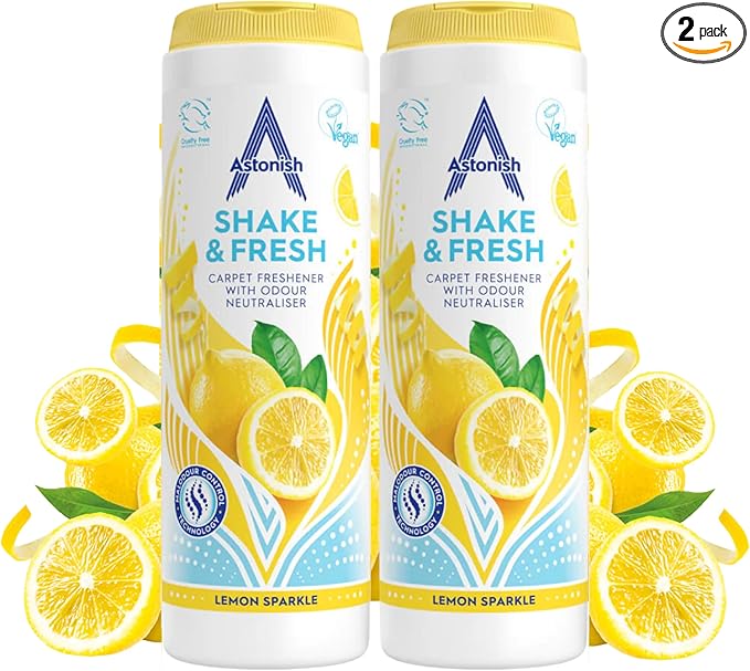 Astonish 350g Shake Fresh Lemon Sparkle Carpet Powder Odor Remover, 2 Pack - Pet Smell Deodorizer, Vacuum Safe Citrus Scent, Dry Floor Cleaner, Room Refresher, Home Fragrance, Easy to Use Powder