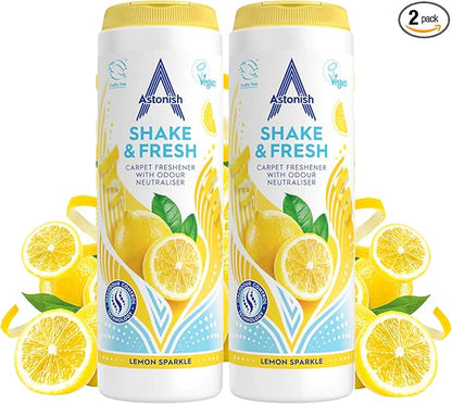 Astonish 350g Shake Fresh Lemon Sparkle Carpet Powder Odor Remover, 2 Pack - Pet Smell Deodorizer, Vacuum Safe Citrus Scent, Dry Floor Cleaner, Room Refresher, Home Fragrance, Easy to Use Powder