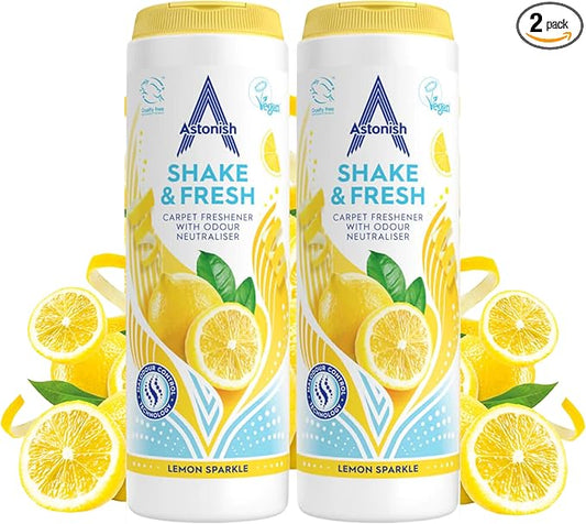 Astonish 350g Shake Fresh Lemon Sparkle Carpet Powder Odor Remover, 2 Pack - Pet Smell Deodorizer, Vacuum Safe Citrus Scent, Dry Floor Cleaner, Room Refresher, Home Fragrance, Easy to Use Powder