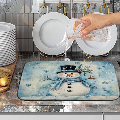 Blue Snowman Snowflake Christmas Dish Drying Rack - 16x18 Inch Absorbent Microfiber Mat for Home Coffee Bar