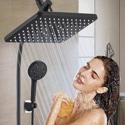 12 Inch Rain Shower Head High Pressure Dual Shower Heads Rainfall Showerhead with 9 Sprays Handheld Spray Combo & 70"Long Fixed Showerheads Hose, Matte Black Bathroom Accessories