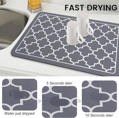 WISELIFE Dish Drying Mat Super Absorbent Drying Mat Large Dish Drying Mats for Kitchen Counter Easy Clean Dish Mat Kitchen Drying Mat16"x 24" Stylish Grey
