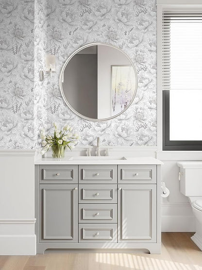 Guvana Floral Peel and Stick Wallpaper Boho Contact Paper Grey and White Wall Paper Modern Waterproof Wallpaper for Bathroom Bedroom Neutral Farmhouse Self Adhesive Removable Vinyl Roll 17.3in×394in