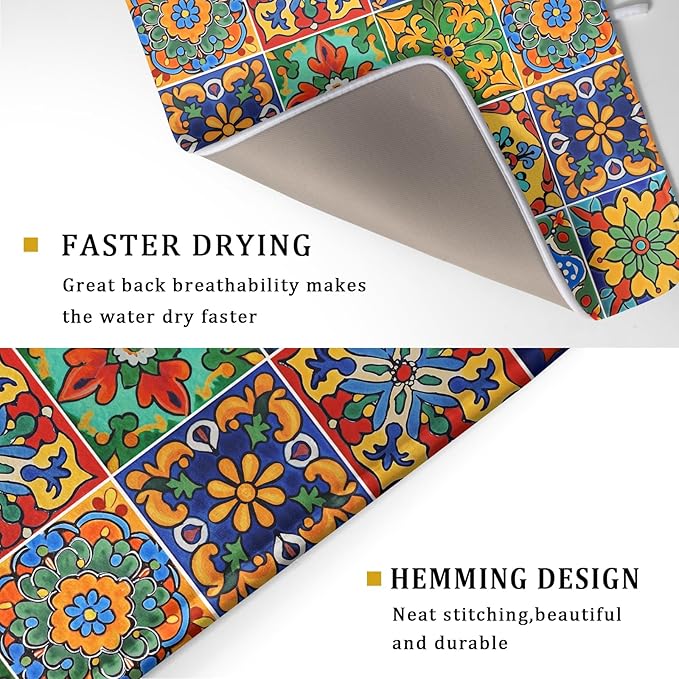 Mexican Tiles Dish Drying Mat for Kitchen Counter Absorbent Microfiber Dish Drying Pad Kitchen Gadgets Multi-use