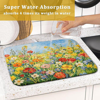 Spring Summer Floral Dish Drying Mat for Kitchen Counter 16x18 Green Yellow Blue Flower Wildflower Print Absorbent Reversible Microfiber Drying Mats Kitchen Countertop Protector Dishes Drainer Pad