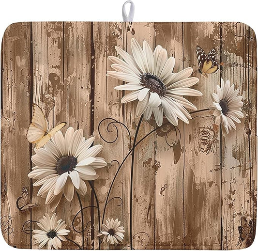 Summer Daisy Flowers Dish Drying Mat for Kitchen Counter 16x18in Rustic Wood Floral Kitchen Mat Daisy Microfiber Absorbent Dish Drainer Mat Fast Dry Kitchen Accessories Dishes Pad for Countertops