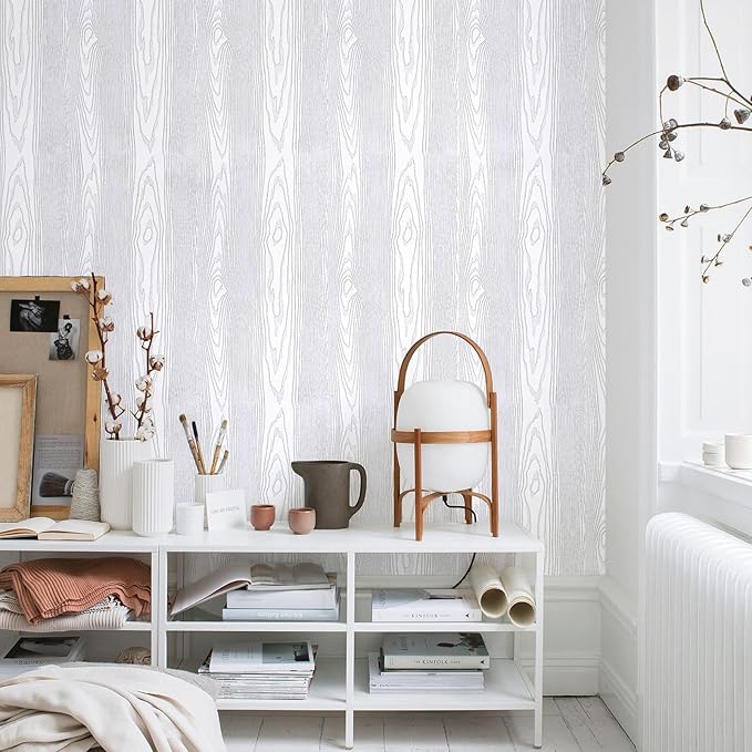 Yun-aeon White and Silver Wood Contact Paper 17.3"x200" Rustic Wooden Peel and Stick Wallpaper Removable Self-Adhesive Wallpaper Wood Grain Contact Paper for Countertops Cabinets