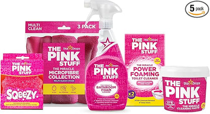 Stardrops - The Pink Stuff Bathroom Cleaning Kit – Cleaning Paste, Bathroom Foam Spray, Toilet Foaming Powder, SQeeZY Sponge & 3 Microfiber Cloths – Tough on Stains, Grease & Soap Scum