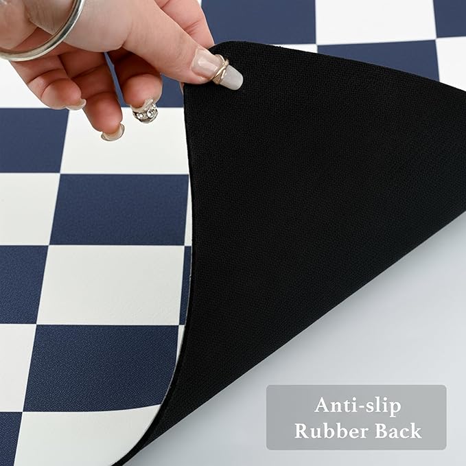 Ohocut Checkered Dish Drying Mat for Kitchen Counter, Coffee Bar Station Accessories, Retro Cute Aesthetic Modern Absorbent Drainer Mat Kitchen Drying Mat Easy Clean (Navy Blue, 19" x 12")