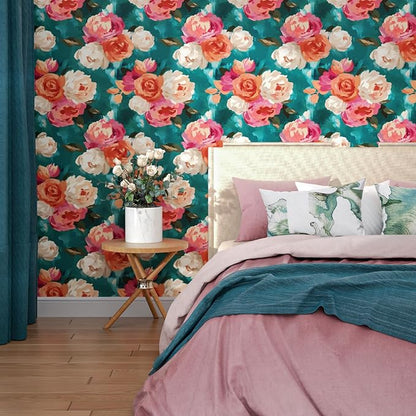 Watercolor Floral Wallpaper Peel and Stick, Blue and Pink Rose Flower Contact Paper Removable Waterproof Self-Adhesive Wall Paper for Bedroom Countertop Desk Cabinets Decor 17.4" x 78" Renter Friendly