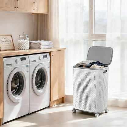 Sufdari 90L Laundry Basket with Wheels, Rolling Laundry Hamper with Lid and Handles, Plastic Rattan Clothes Organizer, Dirty Clothes Basket for Laundry Room, Bedroom, Dormitory Storage