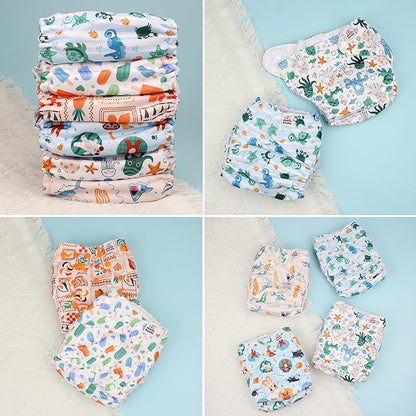 Mama Koala 3.0 Cloth Diapers for Babies with AWJ Lining, 6 Pack with 6 Natural Cloth Diaper Inserts - Reusable and Washable Pocket Diapers (in the Sea)