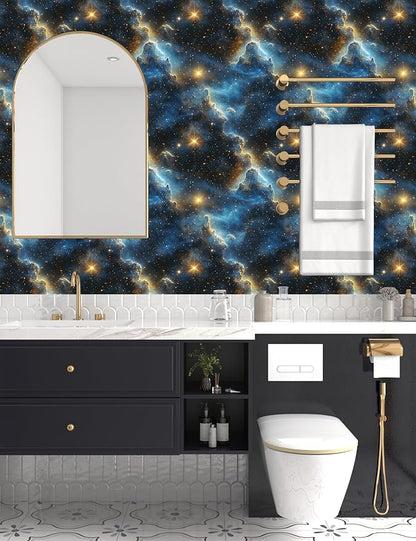 Fvlow Starry Night Sky Wallpaper Peel and Stick 17.4" x 118" Dark Blue Galaxy Contact Paper Modern Space Wallpaper for Bedroom Cabinet Bathroom Home Decor