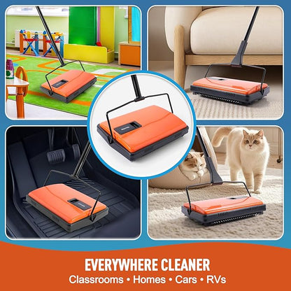 Manual Carpet Sweeper for Pet Hair - Rotating Brush Floor Sweeper, Lightweight Push Broom for Classroom Rugs, Non-Electric Lint & Crumb Cleaner, Easy-Dump Dustbin, No Batteries Needed
