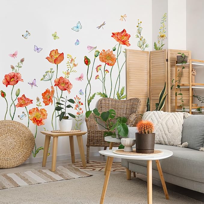 Floral Butterflies Wall Decal Red Flower with Colorful Butterflies Wall Stickers Peel and Stick Waterproof Decor for Living Room Bedroom