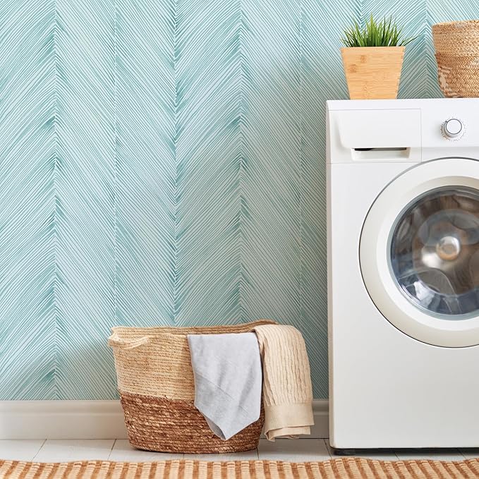 Modern Peel and Stick Wallpaper A Set of 17.3"x200" Teal Green Herringbone Striped Wall Paper Boho Self-Adhesive Removable Contact Paper for Cabinets Bathroom Bedroom Wall Decor