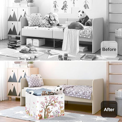 Forest Animals Laundry Hamper Woodland Tree Large Storage Basket Parents Organizer Kids Clothes Toy Bins for Bedroom, Bathroom, Pink, 36L