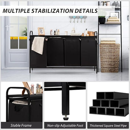 4 Section Laundry Hamper with Shelf, Laundry Basket Organizer with 4 Pull-Out Removable Bags 4×11.5Gal(43.4L), Laundry Sorter for Clothes Organization in Bedroom, Laundry Room, Black