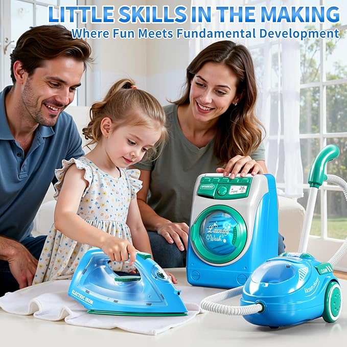 Toy Cleaning Set for Toddlers 1-3, Kids Cleaning Toy with Toddler Vacuum Cleaner, Toy Washing Machine, Small Iron, Light and Sound, Pretend Play Birthday Gifts for 3 4 5 6 7 8 Year Old Girl