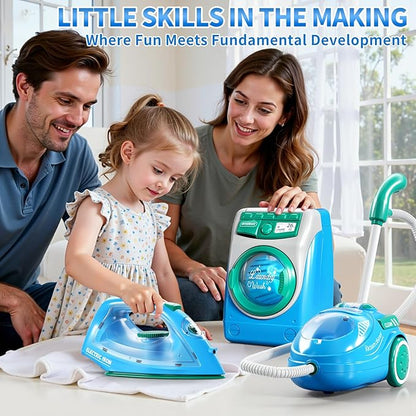Toy Cleaning Set for Toddlers 1-3, Kids Cleaning Toy with Toddler Vacuum Cleaner, Toy Washing Machine, Small Iron, Light and Sound, Pretend Play Birthday Gifts for 3 4 5 6 7 8 Year Old Girl
