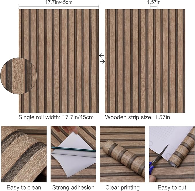 Yun-aeon Natural Wood Peel and Stick Wallpaper Wood Slats - 17.3"x 160" Light Tan Self-Adhesive Waterproof Vinyl Removable Wall Paper for Wall Decor Bedroom