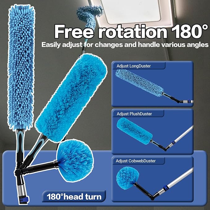 20FT High Reach Duster Cleaning Kit with 5-12 FTExtension Pole, High Ceiling Fan Cleaner Duster Tool for Fan Blades, Extendable Reusable Cobweb, Feather, Window Cleaning Squeegee Kit (12FT)