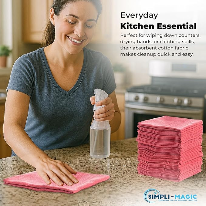 Simpli-Magic Cotton Shop Towels 14"x12" (110 Pack) – Reusable Cleaning Shop Rags for Automobiles, Industries, Garage and Homes (Red)